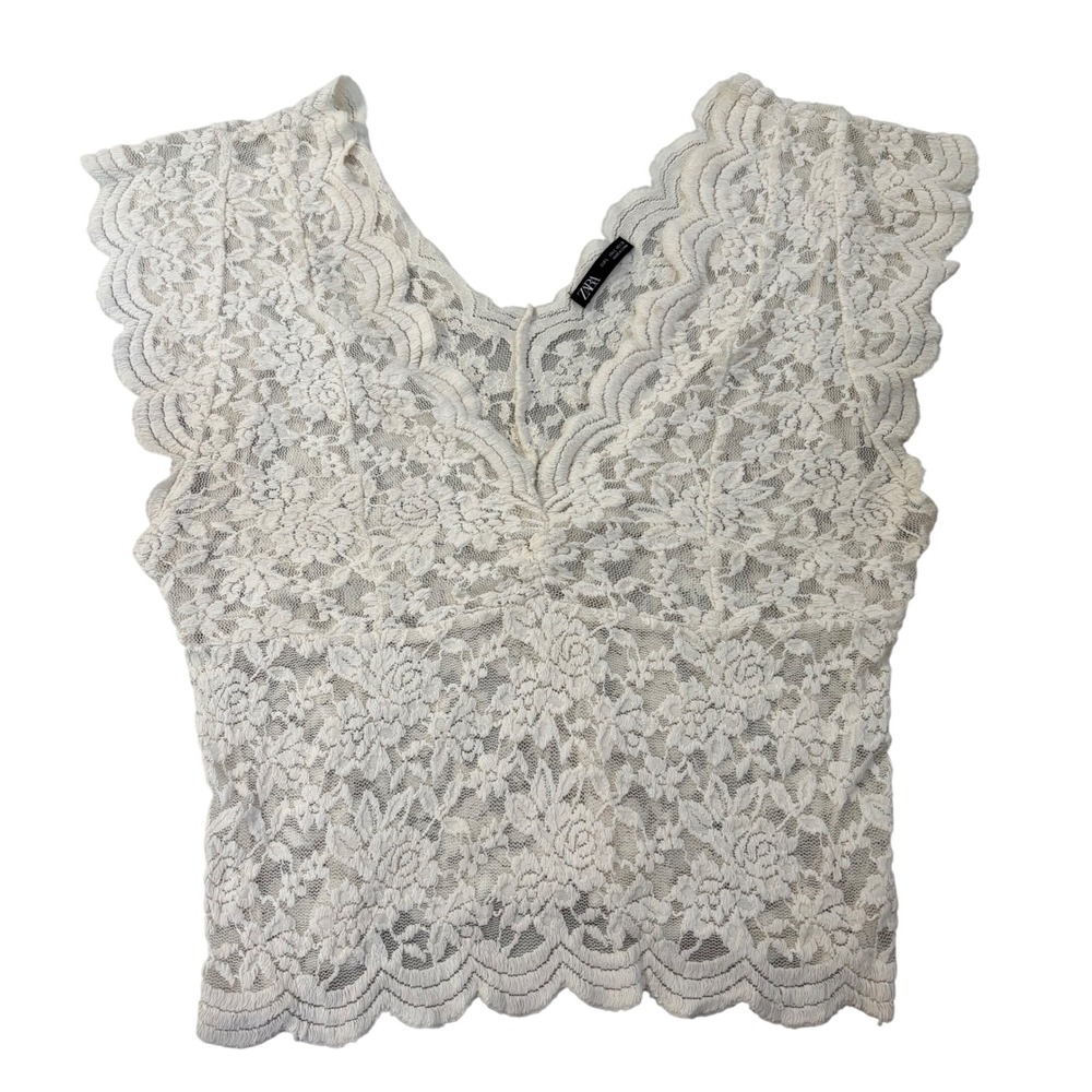Zara Floral Lace Sleeveless V-Neck Scalloped Hem Top Cream Off White Large